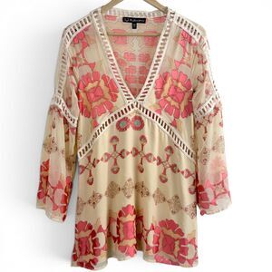 for love & lemons barcelona a-line mini 70s retro cream, coral women's dress XS